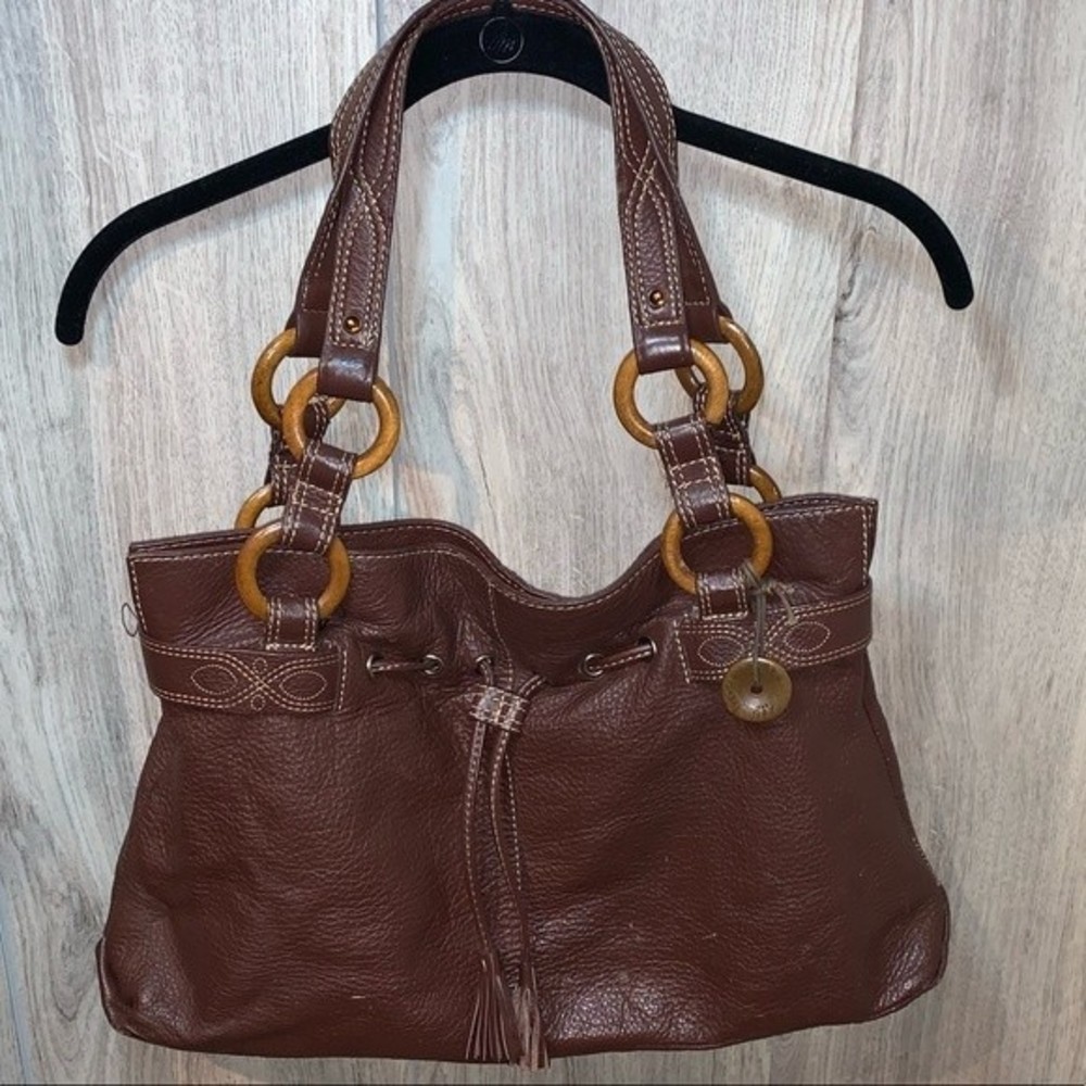 The Sak Pink Label Chocolate Leather Bag Handles Snap Closure Contrast Stitching